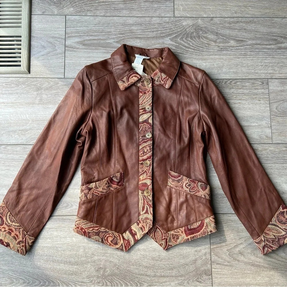 NWT Coldwater Creek Tapestry  Trim Leather Jacket - Picture 4 of 14